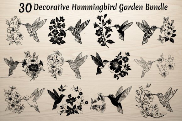 30 Decorative Hummingbird Garden Bundle: Graphics for Crafts