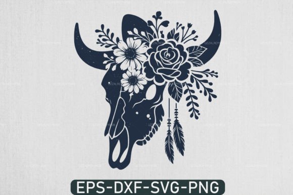 Floral Western Cow Skull Flowers SVG Graphics for Crafts