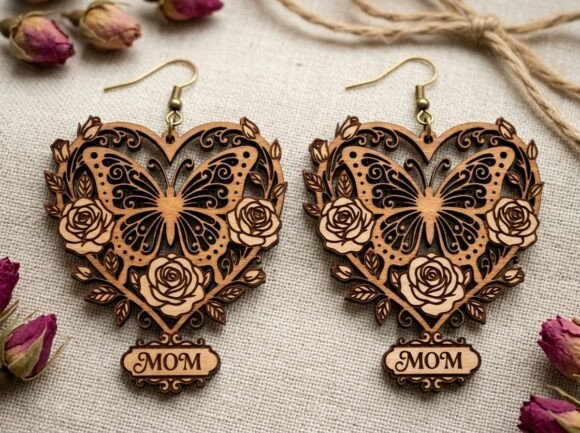 Mom Butterfly Heart Earring Laser Cut Graphics for Crafts