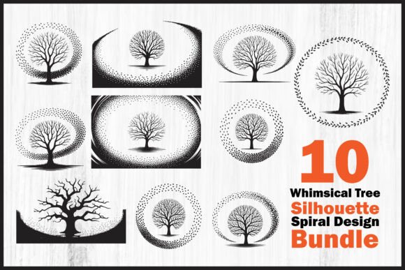 Whimsical Tree Silhouette Spiral Designs: Graphics for Crafts